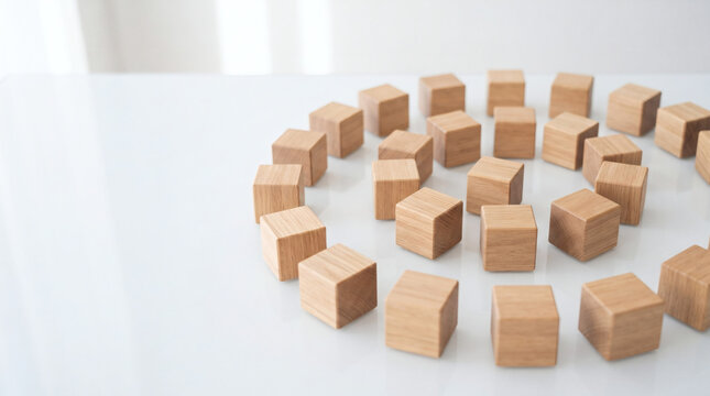 Wooden cubes arranged in a spiral pattern on a white surface