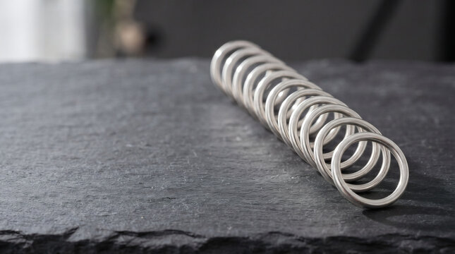 Industrial metal coil spring resting on a textured slate surface