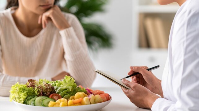 Woman with eating disorder sits beside salad as health professional dietitian takes notes. Professional writes on clipboard. Eating disorder care supports healthier relationship with food