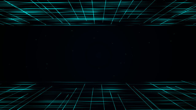 Cyan neon grids recede in perspective around dark central copy space. Data technology background for titles, presentations and gaming visuals.