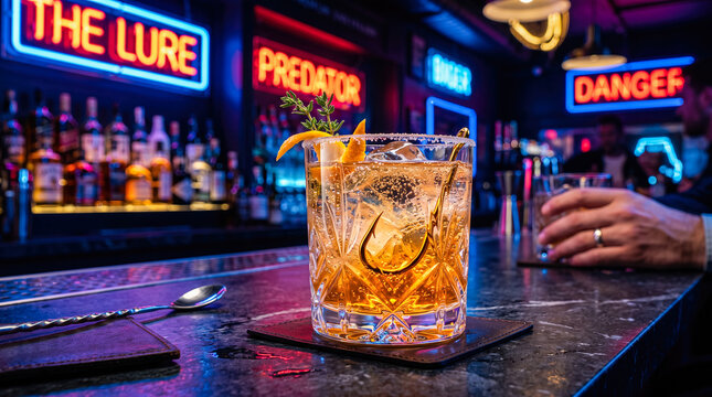 Cocktail glass with hidden sharp fishhook inside garnished with orange peel standing on marble bar counter before glowing colorful neon signs