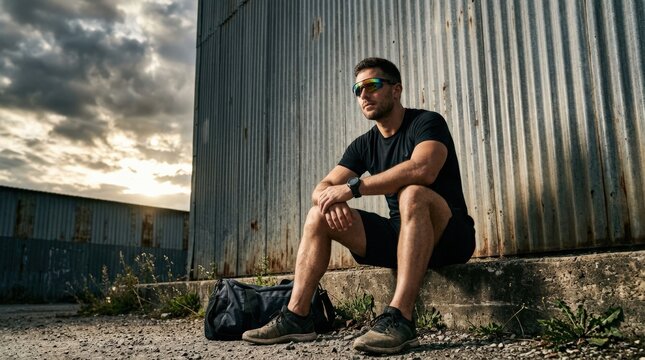 Athletic man seated outdoors beside a corrugated metal wall beneath dramatic clouds, sporty lifestyle portrait photography, black T-shirt and shorts, strong low-angle light, reflective sunglasses and