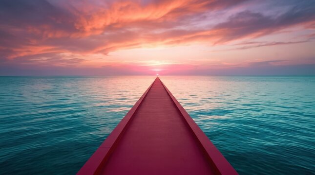 Triangular red walkway extending across an endless turquoise sea toward a glowing pink sunset, surreal minimalist dreamscape and conceptual landscape art, perfectly centered narrow magenta path