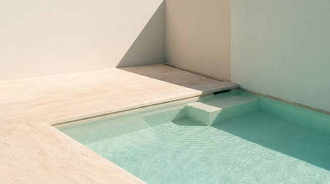 Minimalist swimming pool corner with pale stone deck and clear aqua water, architectural photography, sharp triangular wall shadow, beige and mint palette, clean geometry and tranquil luxury-resort