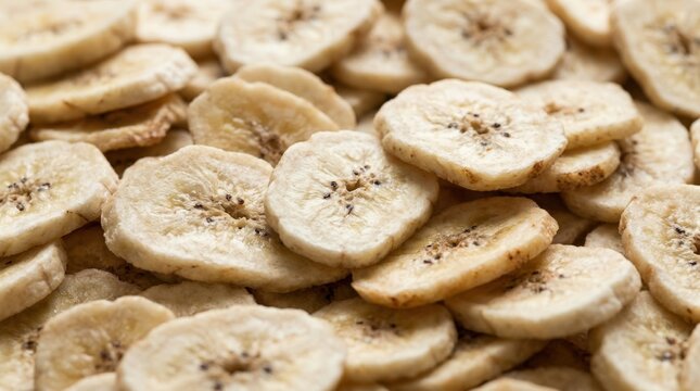 Close-up of pale dried banana chips filling the frame, healthy snack food photography, creamy ivory and toasted tan palette, crisp fibrous texture, soft natural light and appetizing organic pattern.