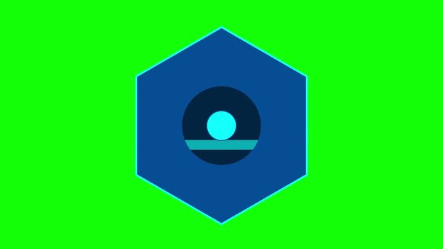 A blue hexagonal logo with a circular design inside, set against a vibrant green background.