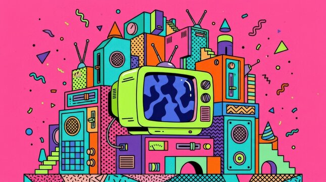 Colorful retro-futuristic television and stacked geometric electronics forming a playful architectural composition, nostalgic 1980s pop-art illustration, bright lime green TV with a dark blue screen