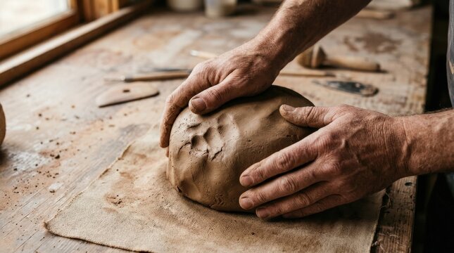 Artisan hands pressing and smoothing soft brown clay on a work surface, close-up craft photography, tactile earthy texture, warm natural light, visible finger pressure and authentic handmade pottery
