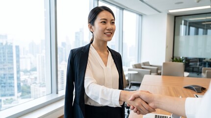 Plakat Professional businesswoman shaking hands with a partner in a modern corporate office with city skyline view during a successful business meeting