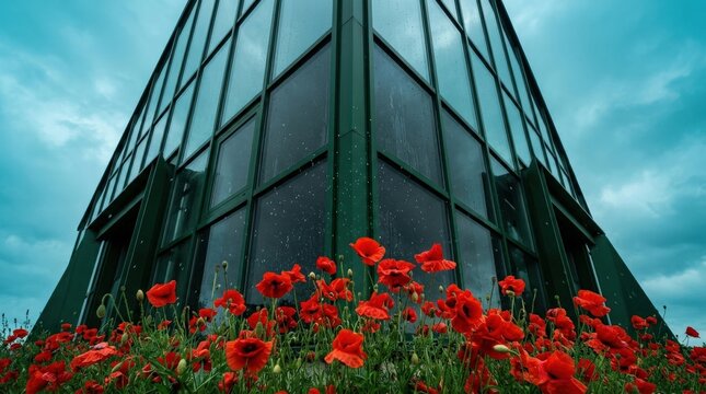 Red poppies growing beneath a sharp glass architectural corner with tiny water droplets falling above them, surreal nature-and-architecture photography, cyan sky, dark green structure and vivid