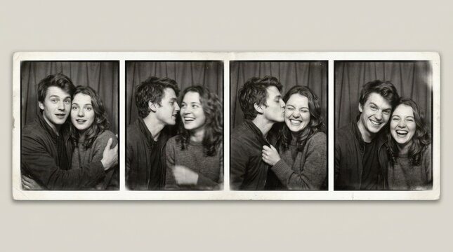 Black and white analog photo booth strip featuring a playful young couple making spontaneous facial expressions in a sequence of closely framed portraits, nostalgic vintage lifestyle photography, four
