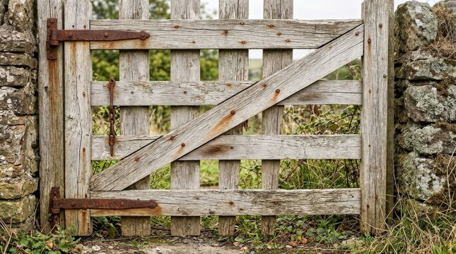 Old weathered wooden farm gate with diagonal reinforcement beams and rusty iron hinges, rustic countryside architecture and aged material photography, pale gray timber planks showing cracks, rough