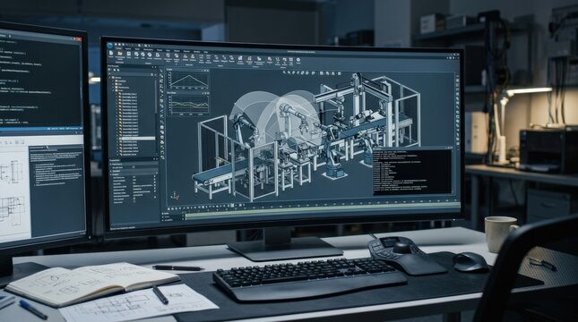 Industrial automation engineering workstation displaying a complex three-dimensional model of a robotic manufacturing assembly system, photorealistic computer-screen visualization, sophisticated dark