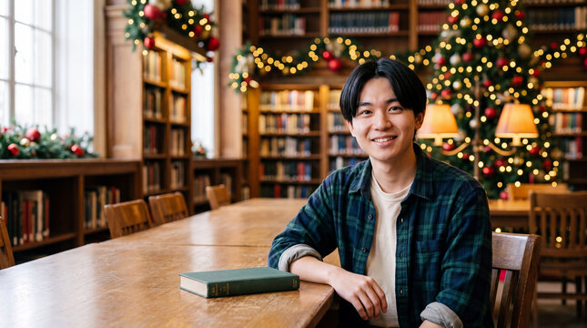 クリスマス飾りの図書館で本を前に微笑む20代男性 | 書架の灯り