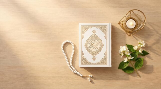 Quran with prayer beads and flowers on wooden table.