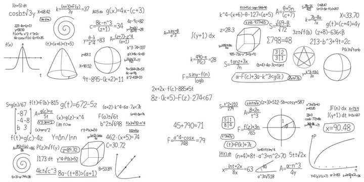 Abstract white scribbled equations and science notes background. Math and formula elements on white backdrop. Vector illustration for banner, poster and wallpaper