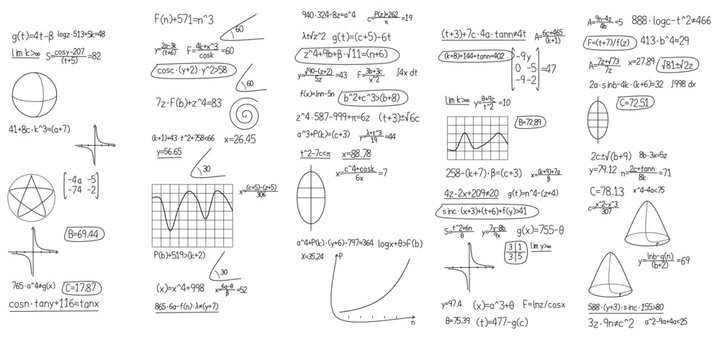 Abstract white math background with hand written formula sheet with graphs. Modern template for presentation