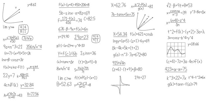 Modern white scribbled equations and science notes background. Math and formula elements on white backdrop. Vector illustration for banner, poster and wallpaper