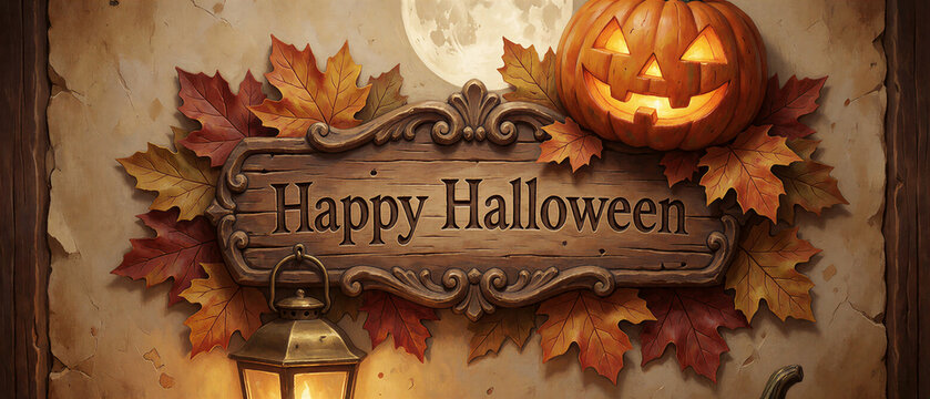 Textured relief sculpture of a Halloween sign with glowing pumpkin