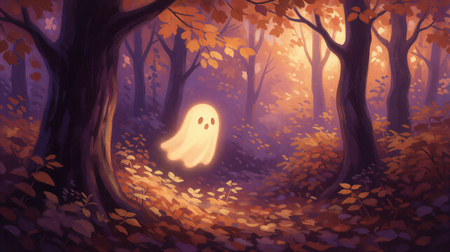 Cute glowing ghost floating in a mystical autumn forest