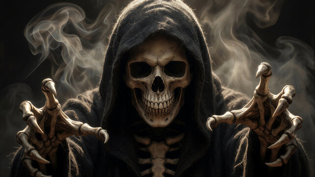Terrifying hooded skeleton with glowing bony hands in dense smoke