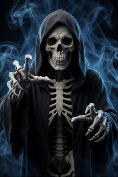 Grim reaper skeleton reaching forward with bony hands in dark hood
