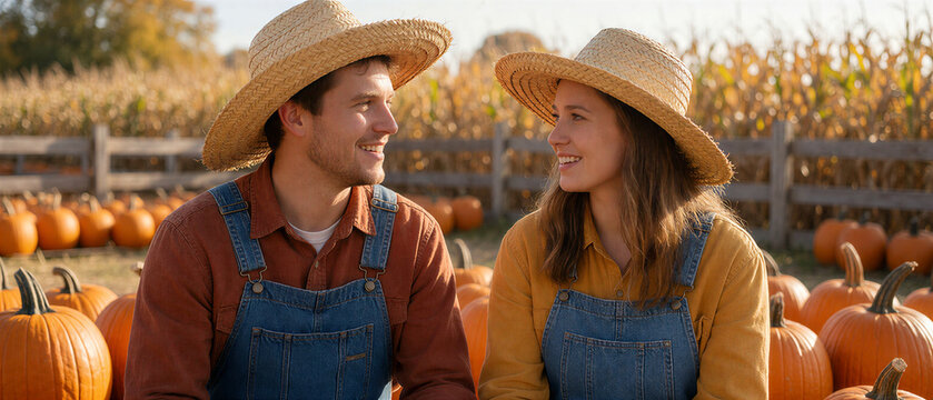 Couple in farm costumes at an autumn pumpkin patch