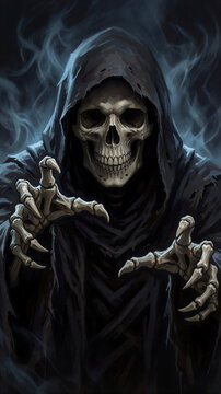Hooded grim reaper skeleton reaching forward in dark smoke