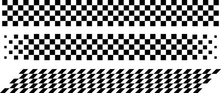 Set of three black and white checkered racing stripe borders with square and diagonal patterns on transparent background. Ideal for motorsport graphics, banners and racing designs