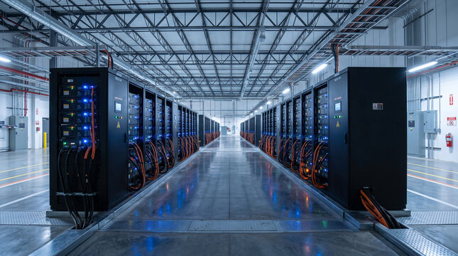 Industrial battery energy storage system facility with racks of modular power units and heavy duty cables in warehouse