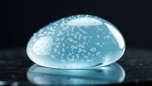 Large waterdrop rests upon dark surface. Bubbles form within droplet, reflecting light. Cool tones dominate composition.
