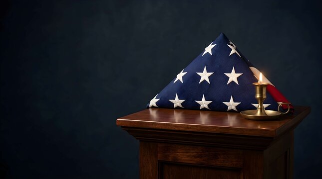 A deeply symbolic folded American flag rests beside a flickering candle on a dark wooden pedestal, evoking solemn remembrance and patriotic tribute for service and sacrifice
