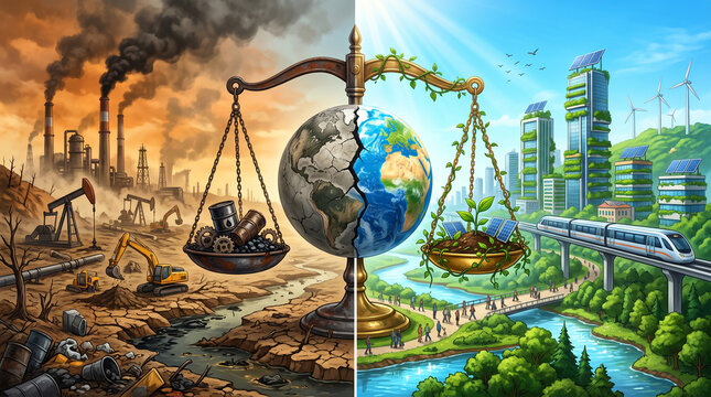 Concept of climate change and environmental sustainability showing industrial pollution versus green renewable energy with globe on balance scale