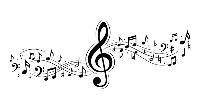 Musical notes and symbols icon with large treble clef and black music notation.