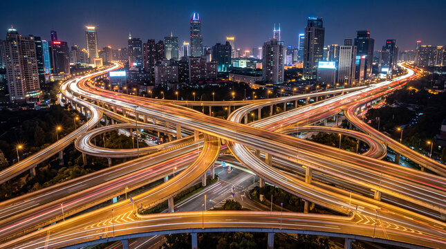 Aerial view of a complex highway interchange in a modern city at night with light trails from moving vehicles