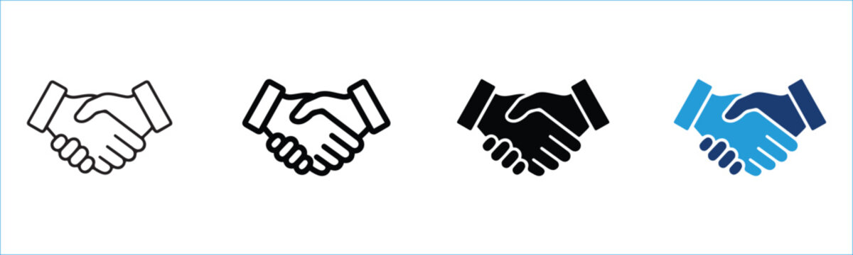 Handshake Icons Set: A collection of four handshake icons in various styles, symbolizing partnership, agreement, and trust.