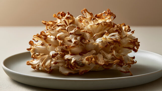 Gourmet Maitake Mushroom Cluster Roasted on Grey Plate Fresh from Oven Tasty Culinary Dish