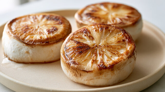 Three Gourmet King Oyster Mushroom Scallops Fried Golden Brown Ceramic Plate Close Up