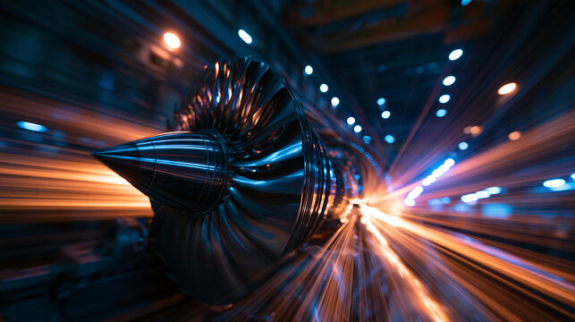 Jet Engine Turbine with Dynamic Light Trails in Factory