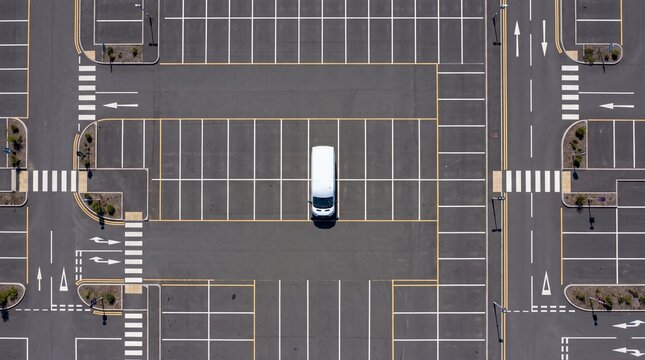 Aerial View of White Van Parked in Empty Parking Lot