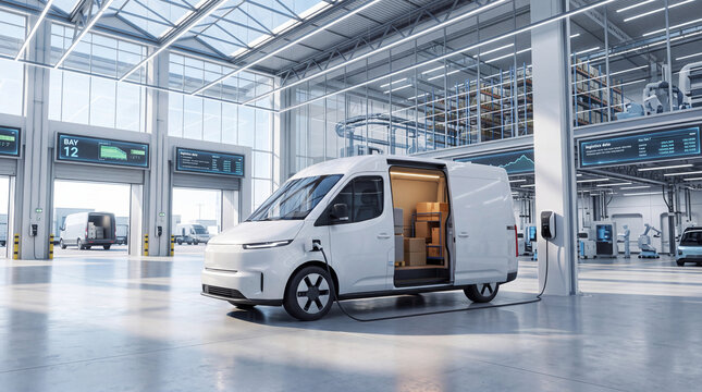 Electric Delivery Van Charging Inside Modern Logistics Warehouse