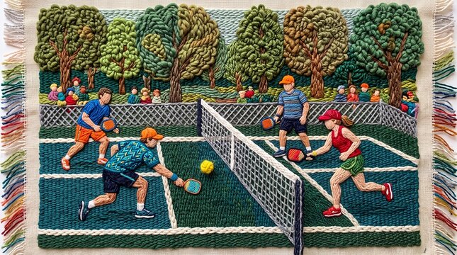 Pickleball Match Played on Outdoor Court Embroidered Textile Art