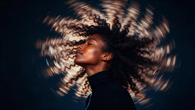 Black Woman with Radiant Hair Motion and Meditative Expression