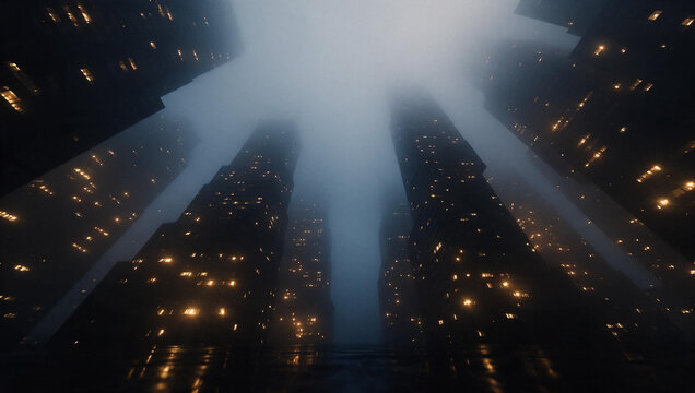 Dark Futuristic Megacity Skyscrapers in Dense Night Fog
