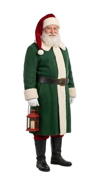 A jolly saint nick stands with a traditional lantern in hand