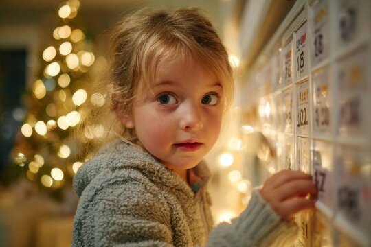 A child opens numbered Advent calendar pockets to mark the days until Christmas