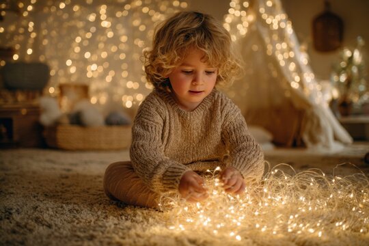 A child lifts the lid of a festive gift box trimmed with greenery while sitting on the carpet