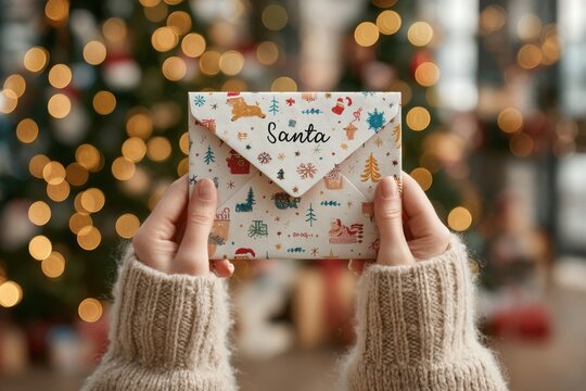 Little hands clutch a sealed Santa letter beside a sparkling Christmas tree
