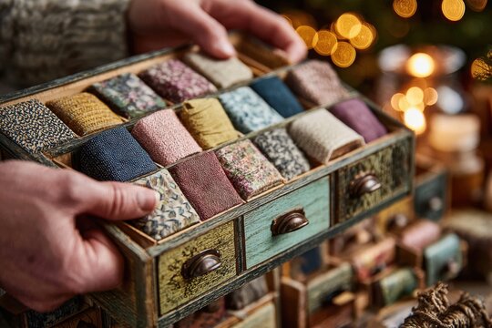 Small wooden Advent calendar compartments open to reveal hidden holiday surprises