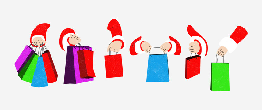 Vector set of Santa Claus hands holding shopping bags. Concept of Christmas Sale and New Year shopping.